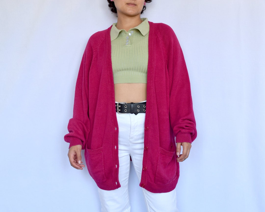 80s Hot Pink Knit Sweater Cardigan Oversized Etsy