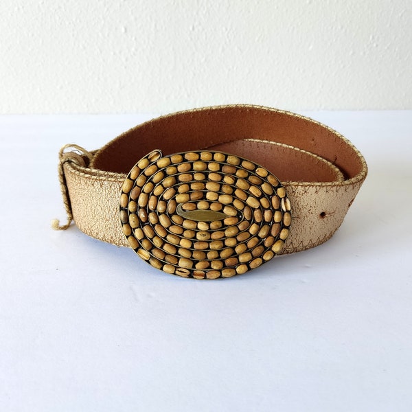 Vintage Light Brown Leather Belt with Boho Western Buckle - Rustic Style Accessory