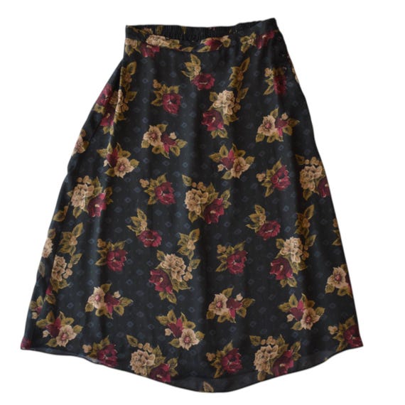 Vintage 90s Black Floral Chiffon A-line Midi Skirt Size Medium  