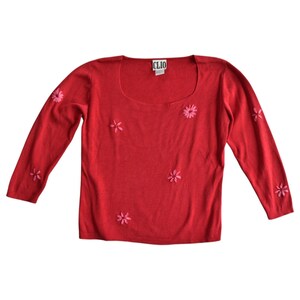 90s Floral Top Small Size | Vintage Red Silk Blend Knit Square Neck