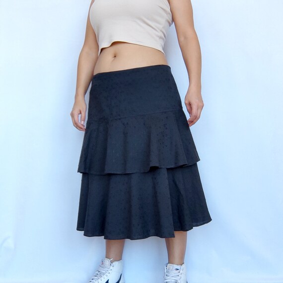 90s Black Eyelet Cotton Low Rise Tiered Skirt - S… - image 2