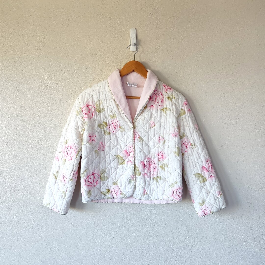 White and Pink Floral Quilted Jacket Size Xs Etsy