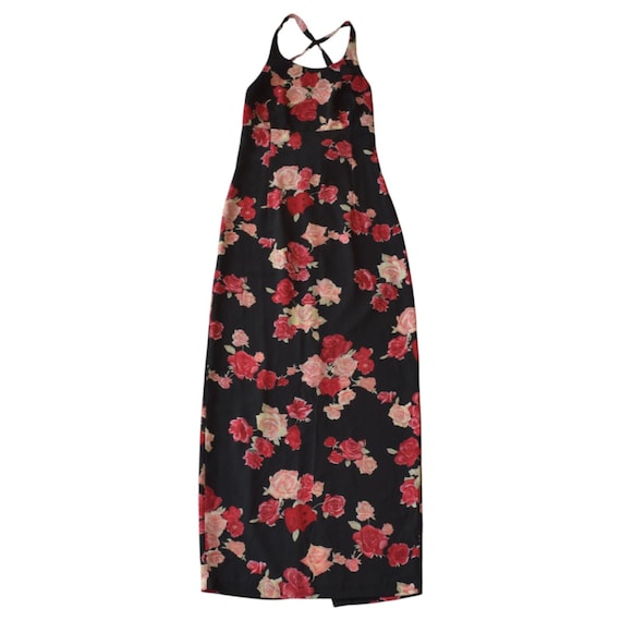 Vestido largo con cuello halter floral negro y rosa grunge Y2K de