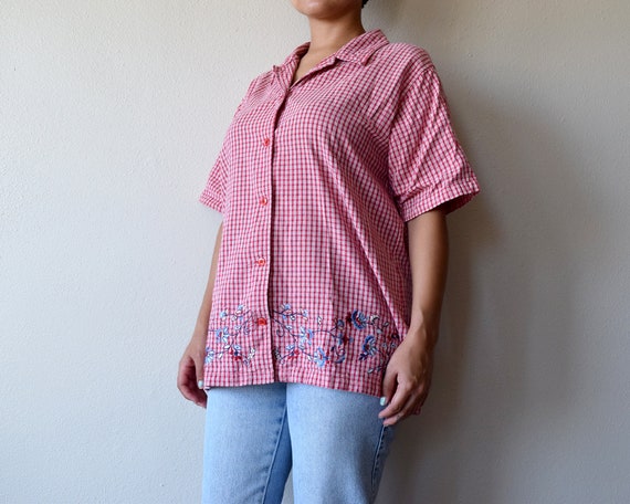 90s red plaid button down embroidered shirt - image 7