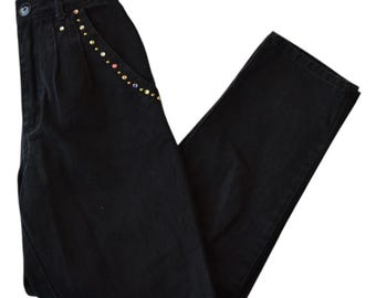 Vintage 90s Maxilou Black Studded High Waisted Jeans - Made in USA - Size 24/25