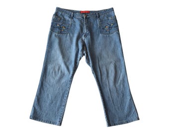 Pantalones capri de mezclilla bordados estilo Y2K, talla grande 18