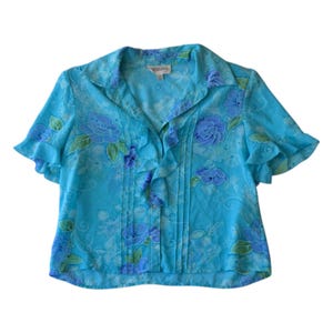 Vintage 90s Blue Floral Chiffon Ruffle Blouse | Button Up Top Size 12