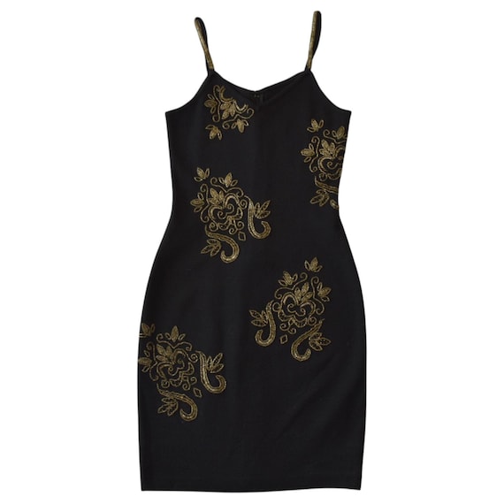 Vintage 90s Black Knit Dress - Gold Beaded Bodycon Cocktail Party Y2K Size XS