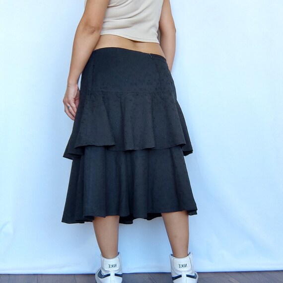 90s Black Eyelet Cotton Low Rise Tiered Skirt - S… - image 4