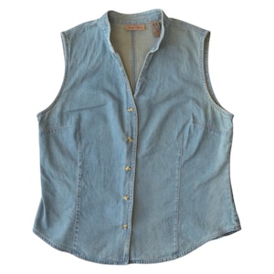 Y2K, d.w.z. ontspannen mouwloos denim shirt – maat 14, knopen aan de voorkant 100% katoen, gemaakt in de VS