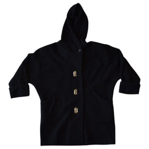 Classic Black Hooded Coat in Wool Blend with Turn-lock Buttons and Pockets