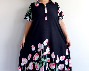 Chic Vintage-Inspired Black and Pink Floral Midi Dress