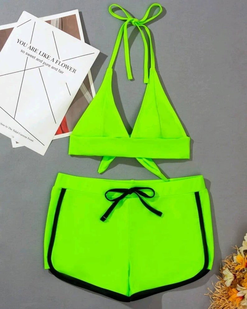 Neon Green Halter Shorts Bikini Swimsuit. Etsy