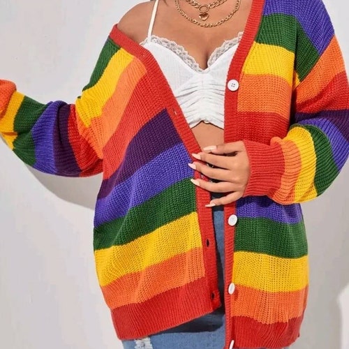 Plus Size Beautiful Rainbow Striped Pattern Drop Shoulder, coat/cardigan.