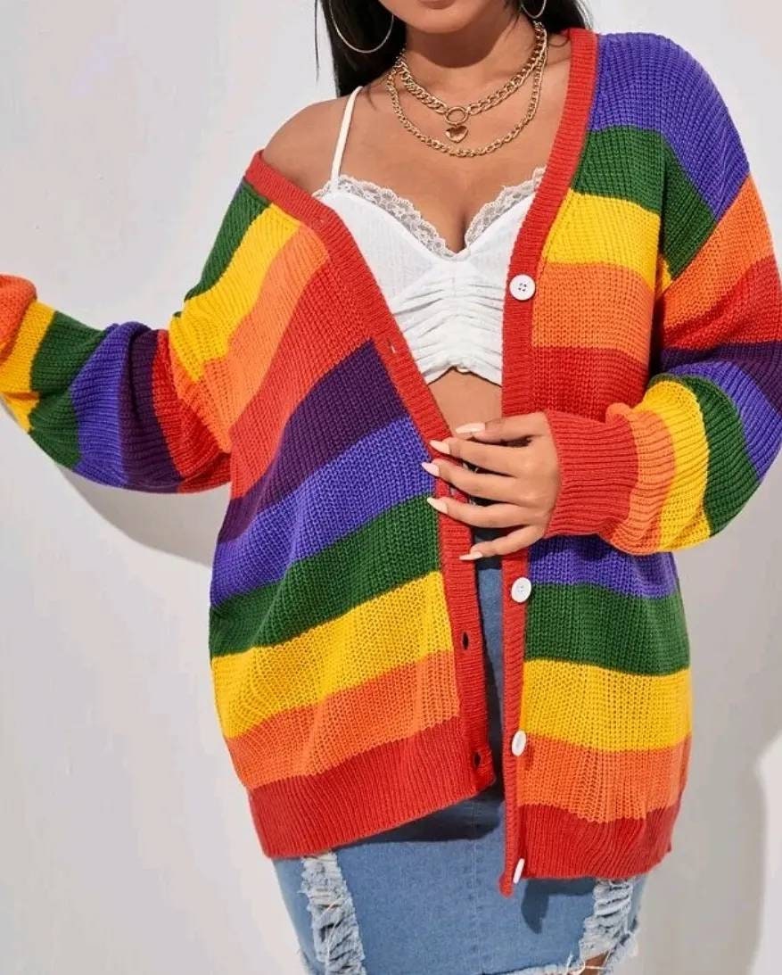 drop shoulder graffiti rainbow striped sweater