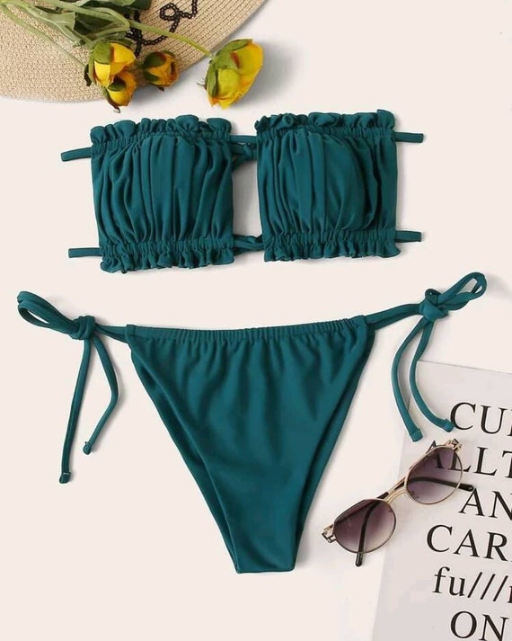 ruched frill bandeau tie side bikini swimsuit