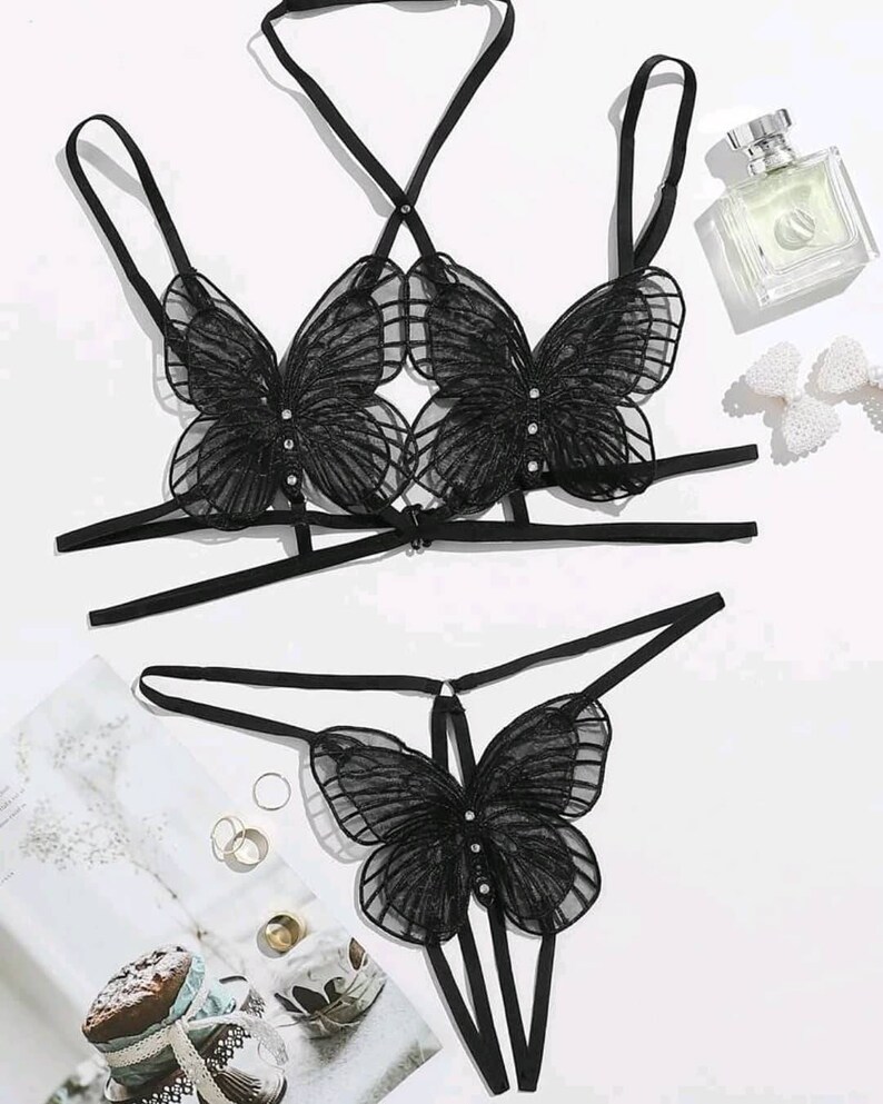 Butterfly Applique Crotchless Harness Lingerie Set. Etsy