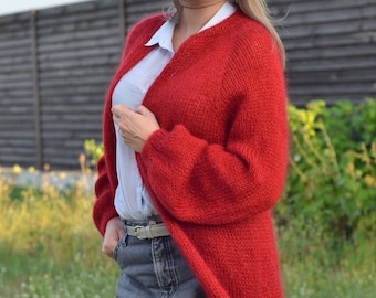 Mohair Bomber Cardigan, Elongated cardigan Hand Knit, Chunky Knit Cardigan, Hand Knit Mohair Cardigan.