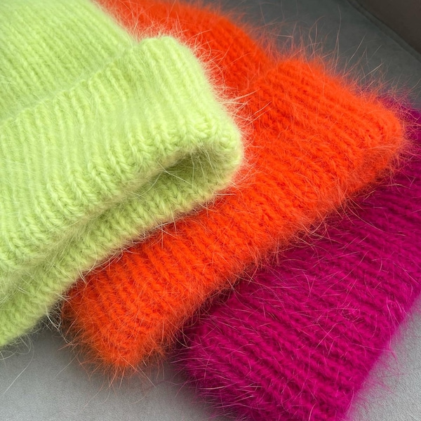 Chapeau Angora tricoté à la main, chapeau moelleux, chapeau lumineux, chapeau angora tricoté, chapeau Angora, cadeau pour sa casquette de chapeau Beanie Winter Hat Angora chapeau chaud