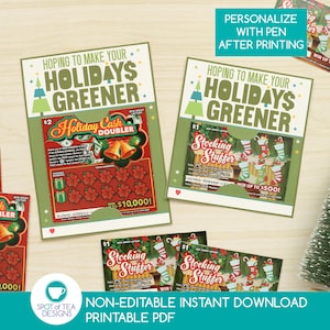 May include: A collection of holiday-themed scratch-off lottery ticket designs. The tickets feature festive graphics, including poinsettias, bells, and stockings. The text on the tickets reads "Holiday Cash Doubler" and "Stocking Stuffer". The design includes the text "Hoping to Make Your Holidays Greener".