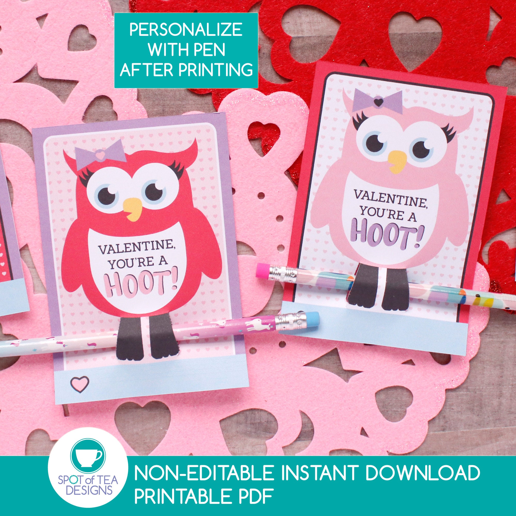 Owl Pencil Holder Valentines | Allergy Friendly Valentine Printable | Non-Candy Classroom Valentine