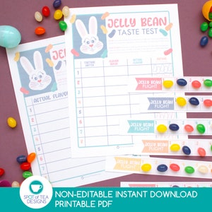 May include: Printable Easter jelly bean taste test game with a bunny rabbit illustration. The game includes a sheet for recording tasting notes, flavor guesses, and actual flavors. There are also jelly bean flight cards with a row of jelly beans.