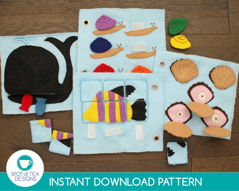 May include: A set of felt activity boards for children. The boards feature a whale, a fish, snails, and shells. The boards are designed to help children learn about different sea creatures and their habitats. The boards are made of felt and are easy to clean.  Instant Download Pattern.