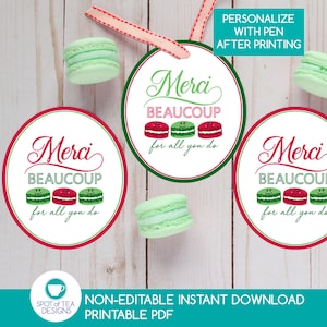 Merci Macarons Christmas Thank You Favor Tags | Teacher Appreciation Gift | Christmas Printables | Thank You Tag | INSTANT DOWNLOAD