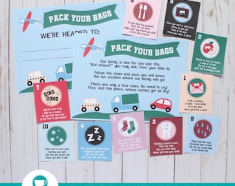 Vacation Reveal Indoor Scavenger Hunt Kit: Surprise Trip Game, Rhyming Clues  (PDF Instant Download)