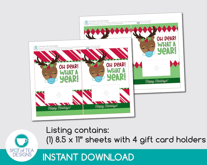 Christmas 2020 Printable INSTANT DOWNLOAD Oh Dear Christmas Gift Card Holder Christmas Party Printables Teacher Appreciation Gift