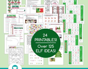 May include: A collection of 24 printable Christmas elf activity ideas. The printable pack includes a variety of activities such as scavenger hunts, color by number, word searches, and more. The text on the image reads "24 Printables! Over 125 Elf Ideas!"