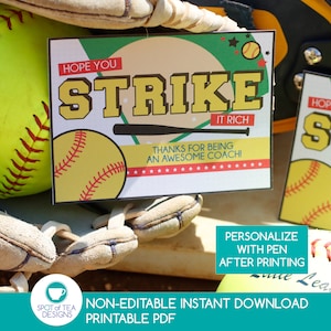 Tagi trenera softballu Strike It Rich | Materiały do druku softballu | Prezent dla trenera softballu | Tag z podziękowaniami softballu | Prezent dla trenera | NATYCHMIASTOWE POBIERANIE