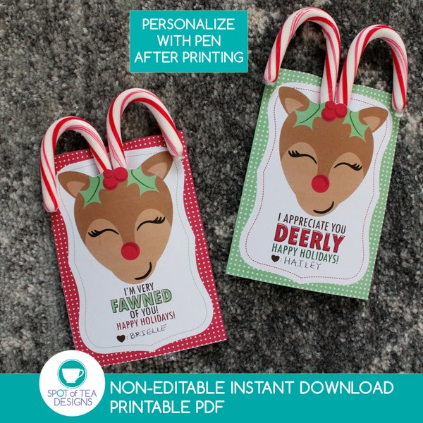 Reindeer Candy Cane Favor Tags | Candy Cane Holder | Christmas Party Favor Tags | Christmas Printables | INSTANT DOWNLOAD