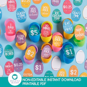 May include: A set of 16 printable Easter egg activity cards featuring various activities and rewards, such as "30 mins extra screen time", "You pick dessert", "Eat dessert first", and "£1". The cards are designed to be placed inside plastic Easter eggs.