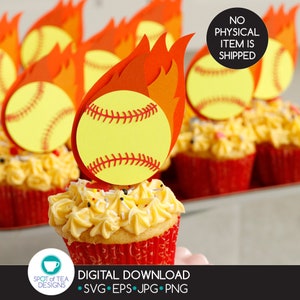 Flaming Softball Cupcake Toppers svg cut file | Softball SVG | Softball Party | Baseball svg | Baseball Party | DIGITAL DOWNLOAD