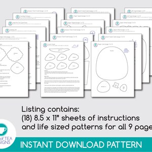 May include: A listing for 18 printable 8.5 x 11 inch sheets of instructions and life-sized patterns for creating 9 different papercraft projects. The listing includes the text "INSTANT DOWNLOAD PATTERN" and "SPOT of TEA DESIGNS".
