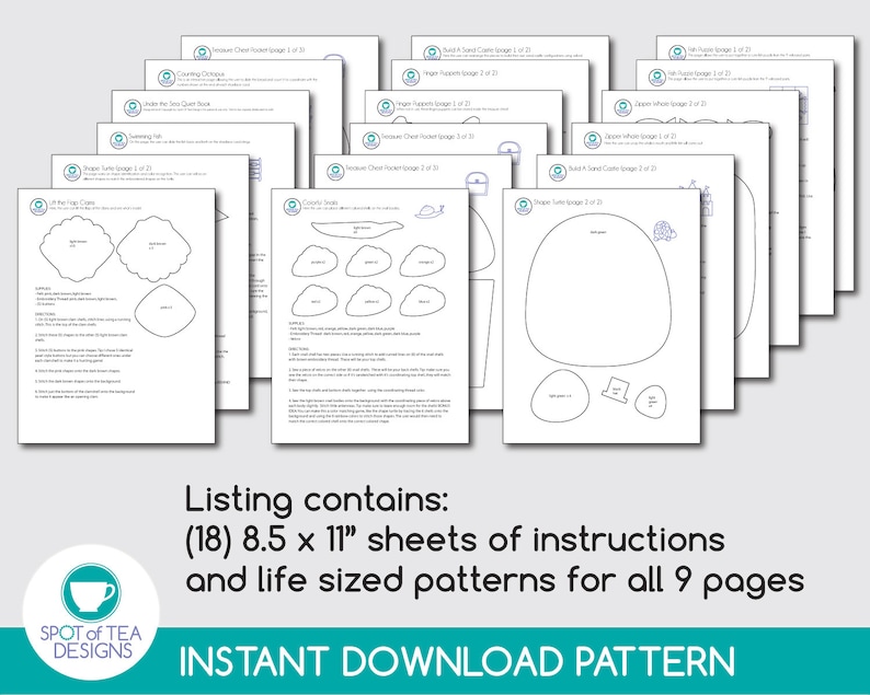 May include: A listing for 18 printable 8.5 x 11 inch sheets of instructions and life-sized patterns for creating 9 different papercraft projects. The listing includes the text "INSTANT DOWNLOAD PATTERN" and "SPOT of TEA DESIGNS".