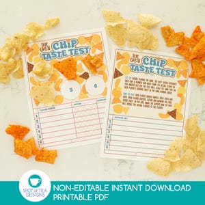Peut inclure: Deux feuilles de jeu imprimables "The Great Chip Taste Test" avec des échantillons de chips et une section de notation. Les feuilles sont décorées d'illustrations de chips jaunes et oranges. Le texte "NON-EDITABLE INSTANT DOWNLOAD PRINTABLE PDF" est en bas.