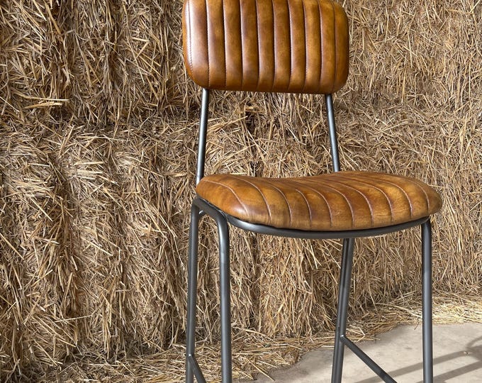 Featured listing image: Hoxton Tan Leather Bar Stool - Modern Industrial Design.