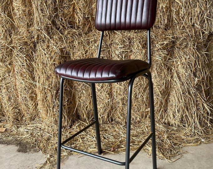 Featured listing image: Hoxton Leather Merlot Bar Stool - Modern Industrial Design.