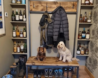 Handmade coat rack with boot stand
