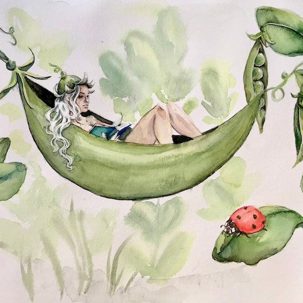 Peas and love , watercolour watercolor painting illustration print of a fairy reading a book inside a pea pod - accompanied by a ladybird.