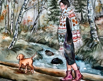 River Crossing , original watercolour watercolor painting print of a woman and a dog in Autumn fall forest crossing river. Mountain  print