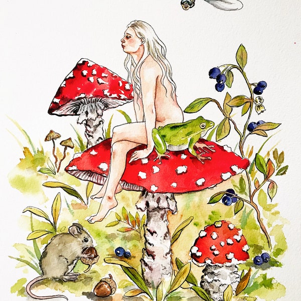 Pixie Forest , original illustration watercolor watercolour painting print of a woman in the forest sitting on a fly agaric toadstool animal