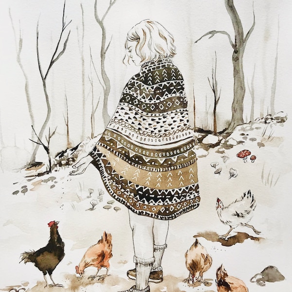 Treats , original painting watercolour watercolor print of a girl feeding chickens. Folk art.