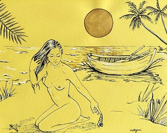 Evening Rays, original yellow ink drawing with shimmery gold paint of a nude women finding seashells on a beach. Original art