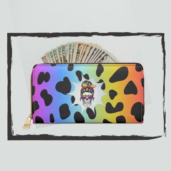 Messy Bun Skull Zipper Wallet Rainbow Leopard Billfold Mom Bun Faux Cuir Pocketbook MomLife Change Purse Fashion Clutch Cruelty Free