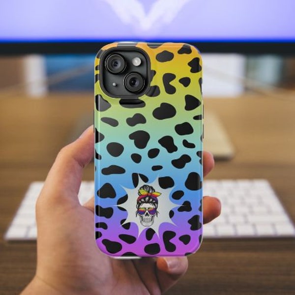 Messy Bun Skull MagSafe stoere hoesjes voor iPhone 15 14 13 Pro Plus Pro Max en Mini Rainbow Leopard Print MomLife Skull mobiele telefoon accessoire