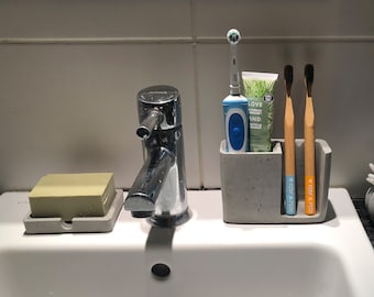 Organisateur de bain en béton, Ensemble de salle de bain industrielle, Articles ménagers en béton, Support de brosse à dents, Porte-savon, Essentiels de salle de bain, Cadeau de pendaison de crémaillère