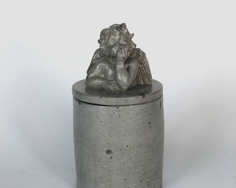 Pot en béton avec couvercle, figure mythologique de buste de Cupidon, récipient de stockage en béton, récipient à épices réutilisable, organisateur de bureau, pot écologique